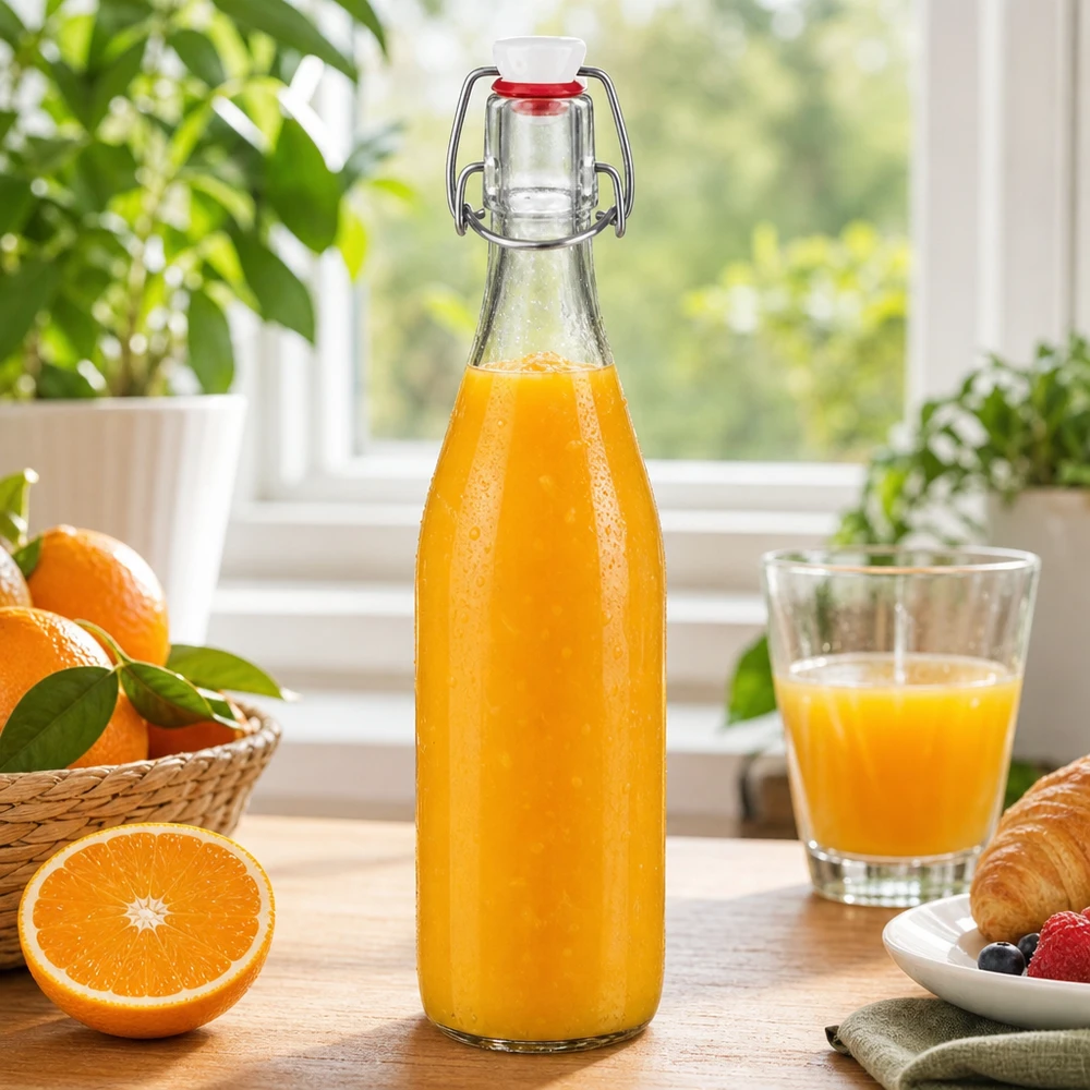 500ml Glasflasche Bügelverschluss befüllt mit frischem Orangensaft Frühstück gesunde Getränke Vintage Design