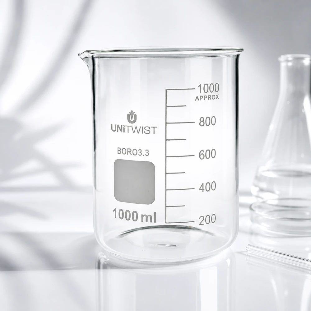 Becherglas 1000ml Borosilikat, niedrige Form UNiTWIST Produktfoto UNiTWIST Becherglas 1000ml Borosilikat niedrige Form mit seitlicher Skala