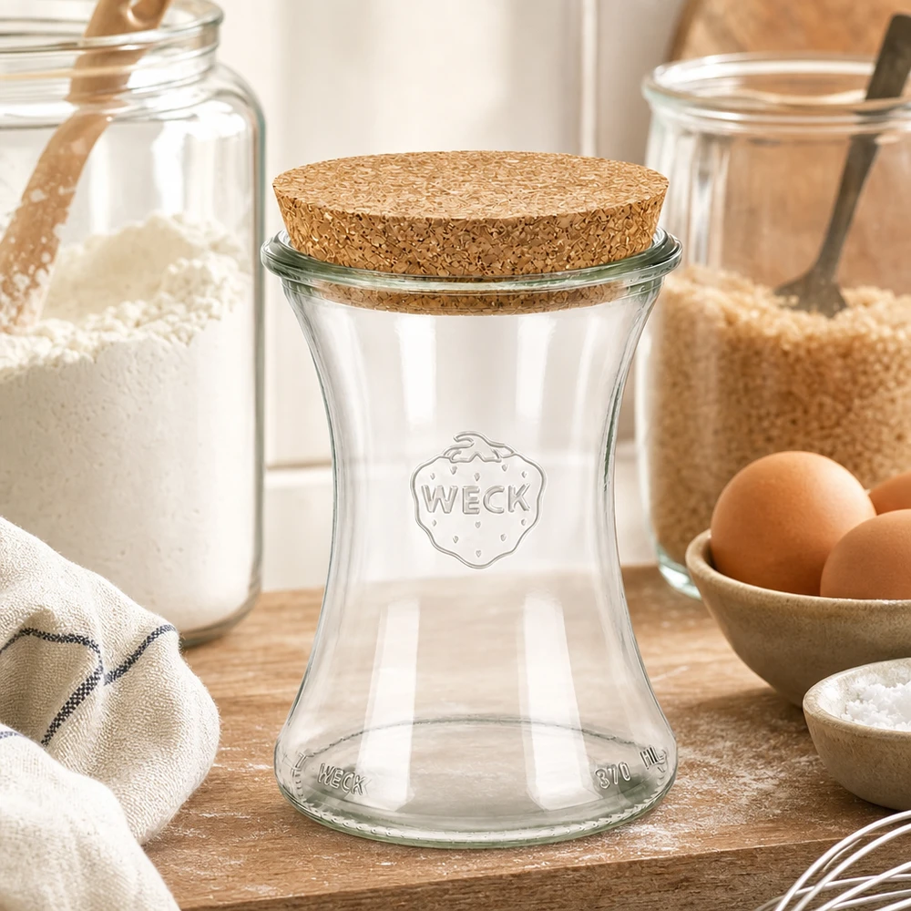 Vasetto da 370 ml WECK RR80 con tappo in sughero naturale Barattolo WECK 370ml RR80 con coperchio in sughero in una cucina rustica tra barattoli di farina, uova e ingredienti da forno