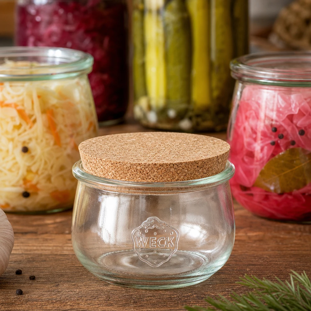 Vaso a tulipano da 580 ml WECK RR100 con tappo in sughero naturale WECK vaso a tulipano RR100 580ml con tappo naturale tra i vasi di verdure fermentate e decorazione di cetrioli sottaceto