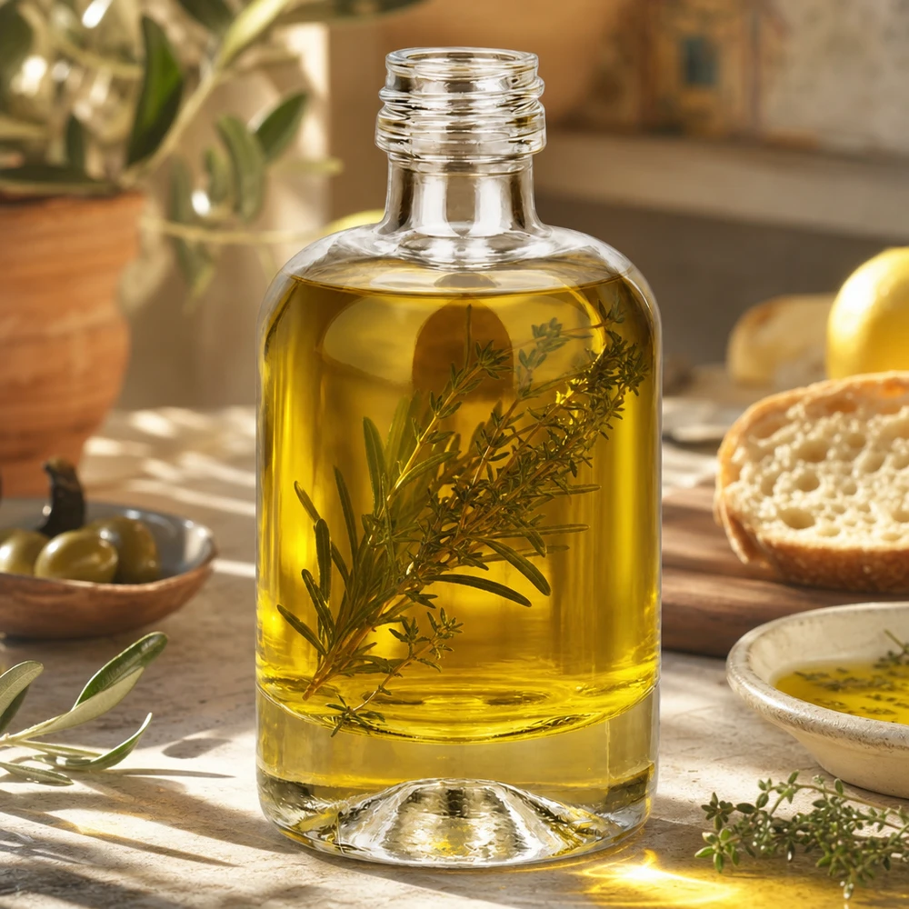 Bottiglia di vetro da 40 ml Sara riempita con olio alle erbe come esempio di applicazione per la cosmesi e l'aromaterapia
