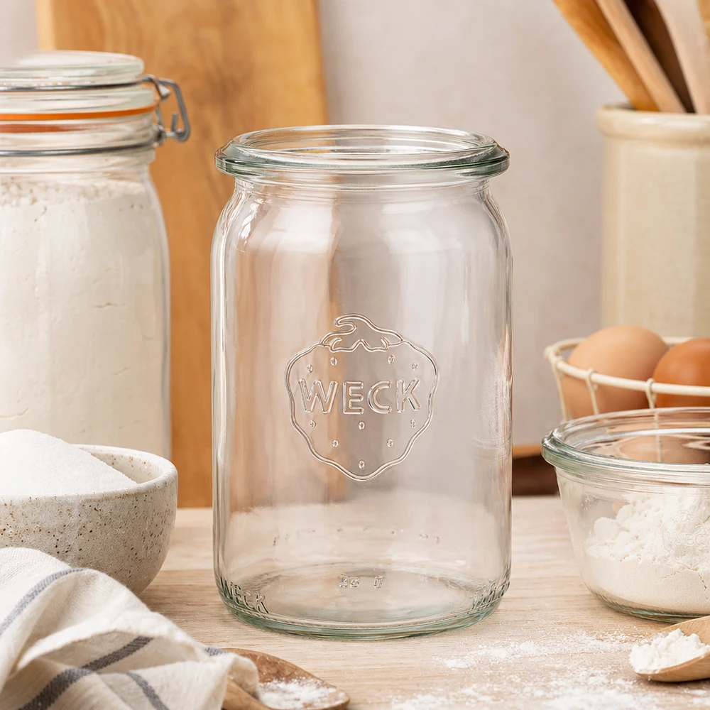 Vaso a cilindro WECK RR40 da 145 ml in scena in una cucina moderna tra vasi di stoccaggio con farina e uova