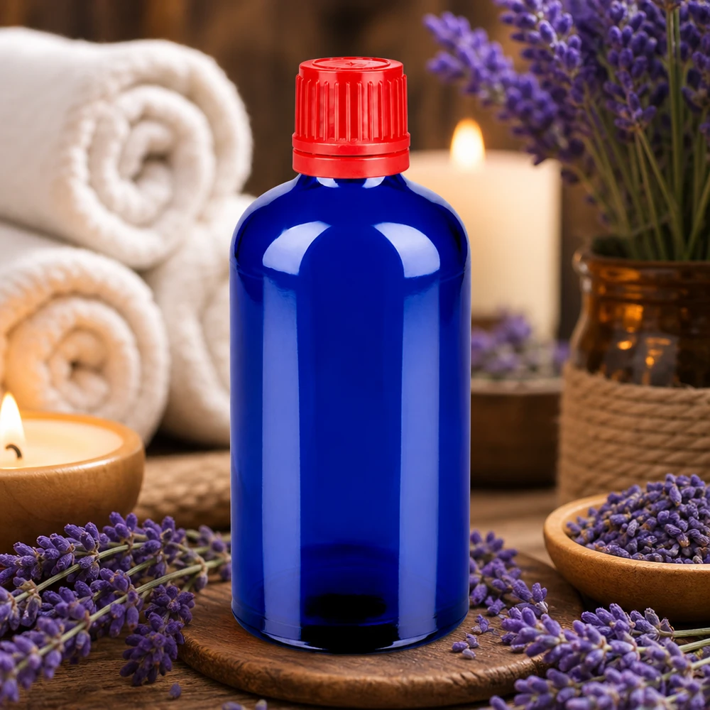 Flacone in vetro compatto da 100 ml in blu cobalto ideale per cosmetici e prodotti naturali