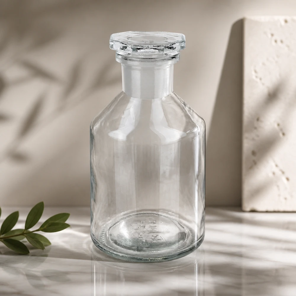 Bottiglia a collo alto 50ml in vetro trasparente con tappo a collo stretto Flacone a petto ripido vuoto da 50 ml, a collo stretto, in vetro trasparente con tappo in vetro sfaccettato