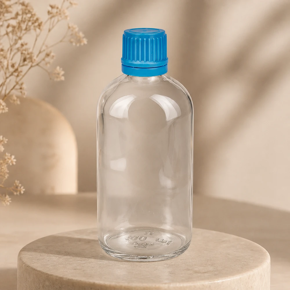 Flacone da farmacia vuoto da 100 ml in vetro trasparente con tappo a vite blu a coste, su un piedistallo in pietra