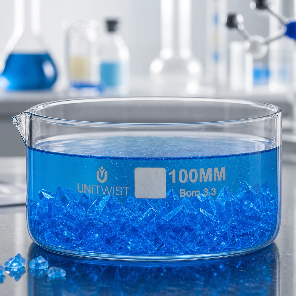 Cristallisoir ø100mm verre borosilicaté UNiTWIST Coupelle de cristallisation 100 mm UNiTWIST Boro 3.3 avec cristaux bleus – Verre borosilicaté de laboratoire