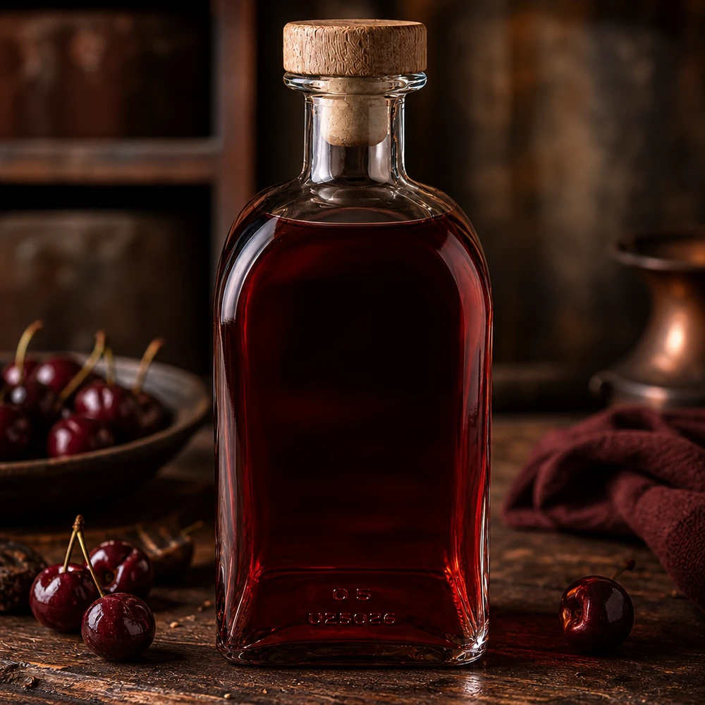 Bottiglia in vetro Julia da 500 ml con tappo in sughero riempito di liquore di ciliegie rosse su legno rustico con ciliegie fresche