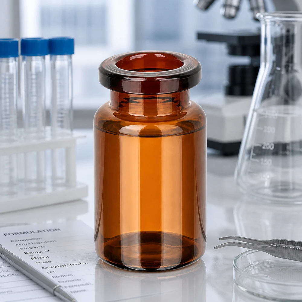 Injektionsflasche Braunglas 5ml Leere Injektionsflasche Braunglas 5ml neben Erlenmeyerkolben und Formulation Sheet