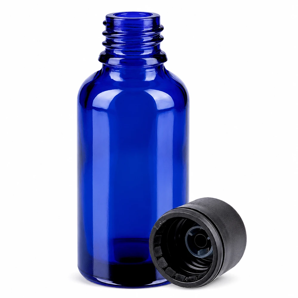 30ml Flasche 6mm Schraubverschluss schwarz Standard BlueLine UT18/30 Elegante blaue 30ml Glasflasche mit mattem schwarzen Verschluss für professionelle Kosmetik