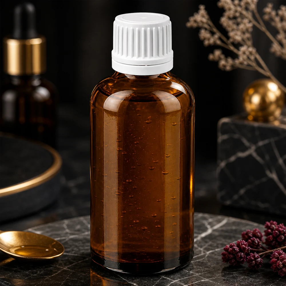 Flacone per medicinali da 50 ml in vetro ambrato con protezione UV e tappo bianco sicuro per prodotti farmaceutici