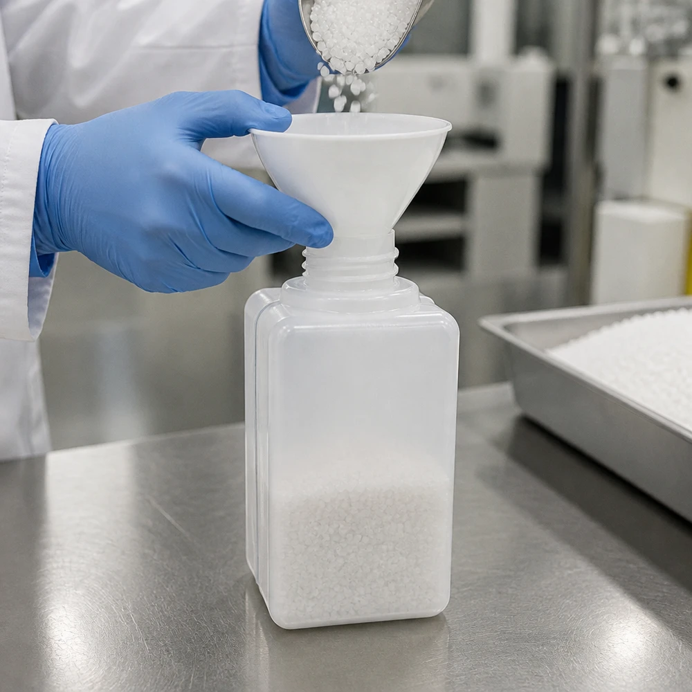 Flacon à col étroit en PE-HD de 50 ml, type GL 18, avec fond carré, pour un rangement peu encombrant en laboratoire
