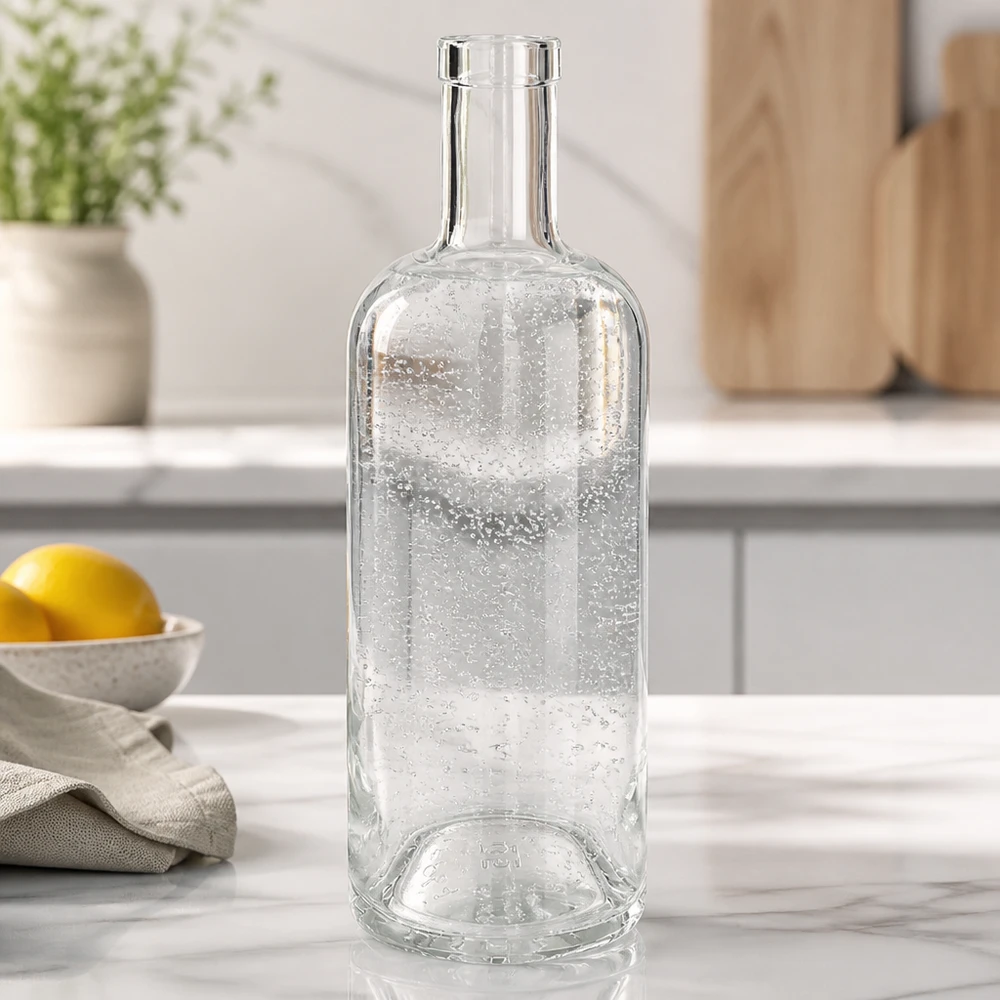 Bottiglia di vetro da 750 ml Emma vuota in cucina bianca su piano di marmo con limone e strofinaccio come decorazione