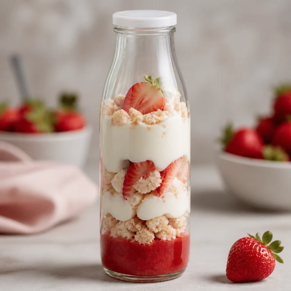 500ml Glasflasche + BasicSeal Deckel weiß UNiTWIST 500ml Glasflasche mit weißem BasicSeal Deckel als Dessertglas mit Erdbeeren Sahne und Streuseln befüllt