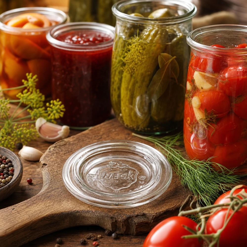 Coperchio in vetro WECK RR40 Coperchio per vasetti WECK RR40 in scena di cucina con cetrioli cotti, pomodori e marmellata in vasetti da conserva