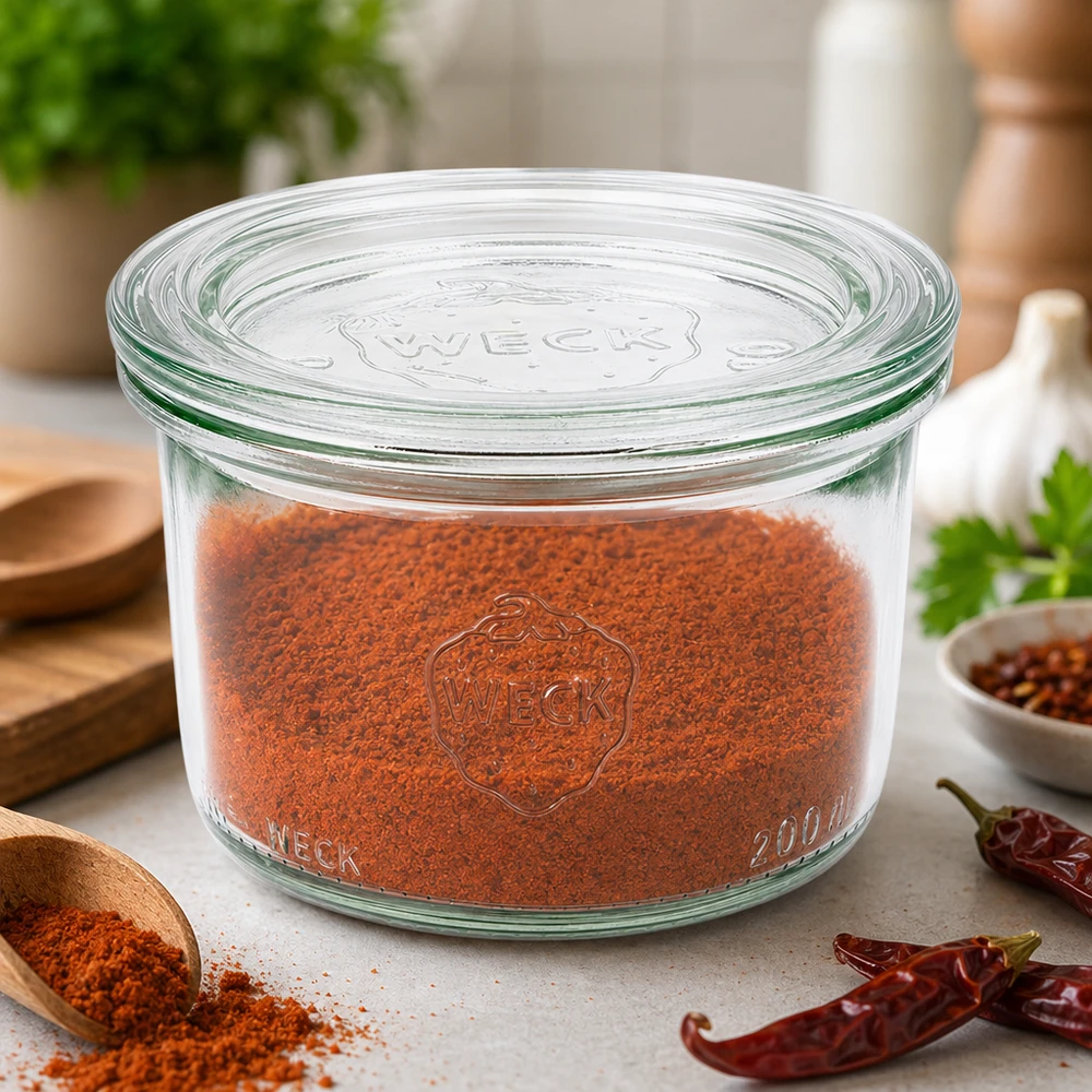 200ml Sturzglas mit Glasdeckel WECK RR80 WECK Sturzglas 200ml RR80 gefüllt mit Paprikapulver zeigt optimale Gewürzaufbewahrung neben Chilischoten