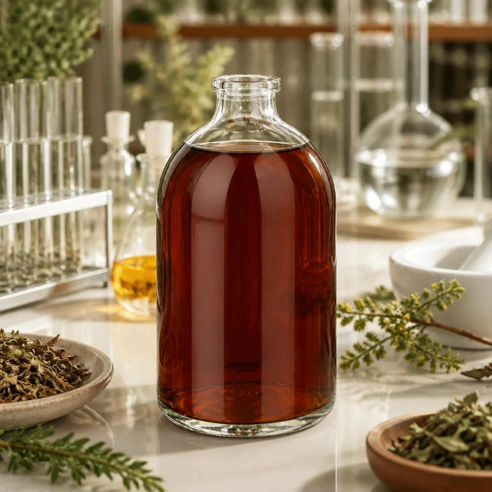 Injektionsflasche Klarglas 100ml Kleine Klarglas Injektionsflasche 100ml mit dunklem Kräuterauszug zwischen Reagenzgläsern und Schalen