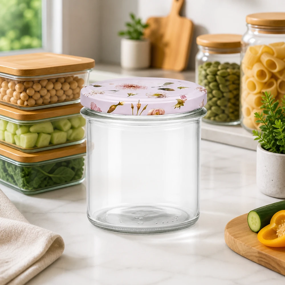 350ml Sturzglas + BasicSeal Deckel Blume rosa UNiTWIST Leeres 350ml Sturzglas mit rosa Blumendeckel zwischen Vorratsbehältern auf Küchenarbeitsplatte Einmachglas leer