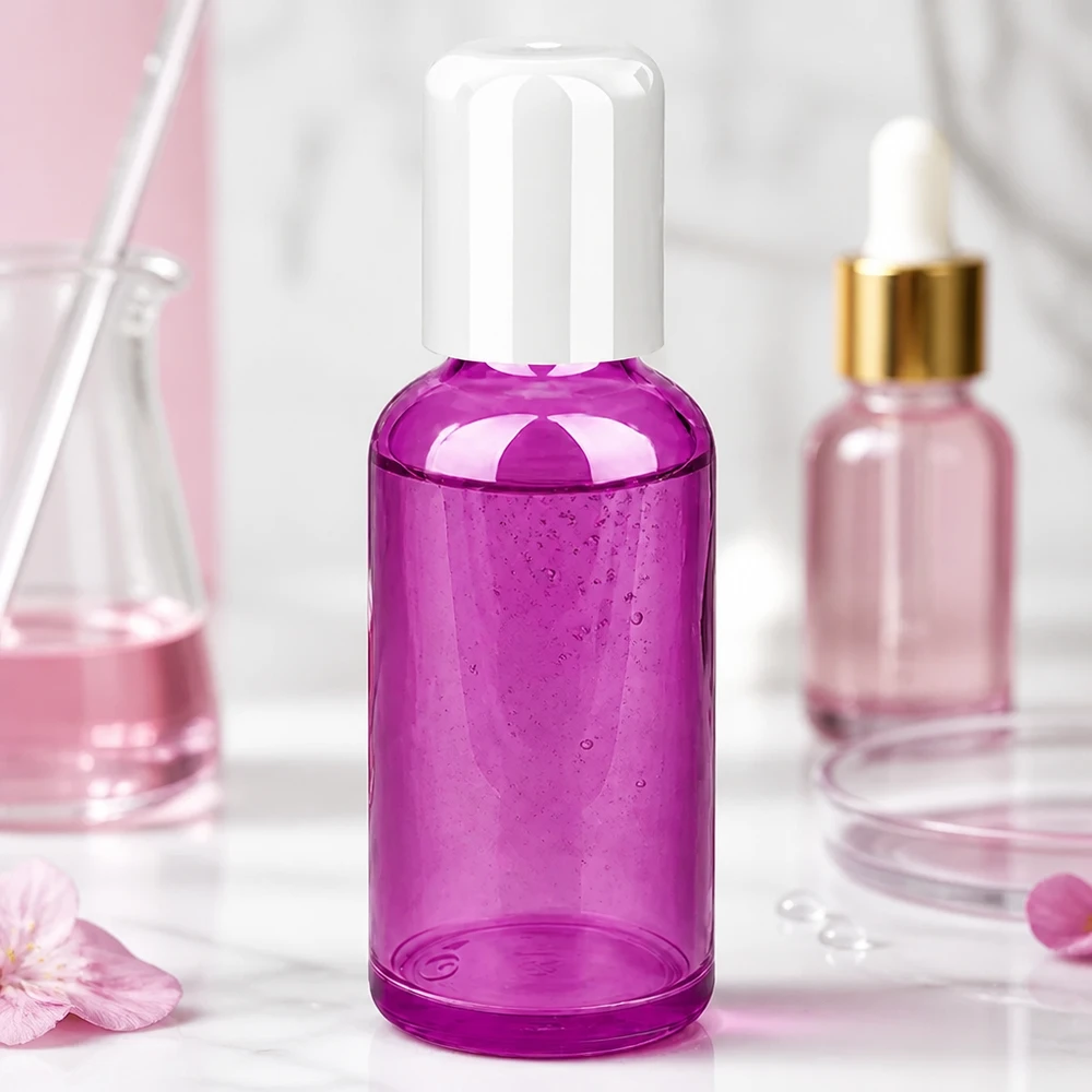 Flacone roll-on compatto da 50 ml di colore viola trasparente, perfetto per un'applicazione precisa del prodotto.