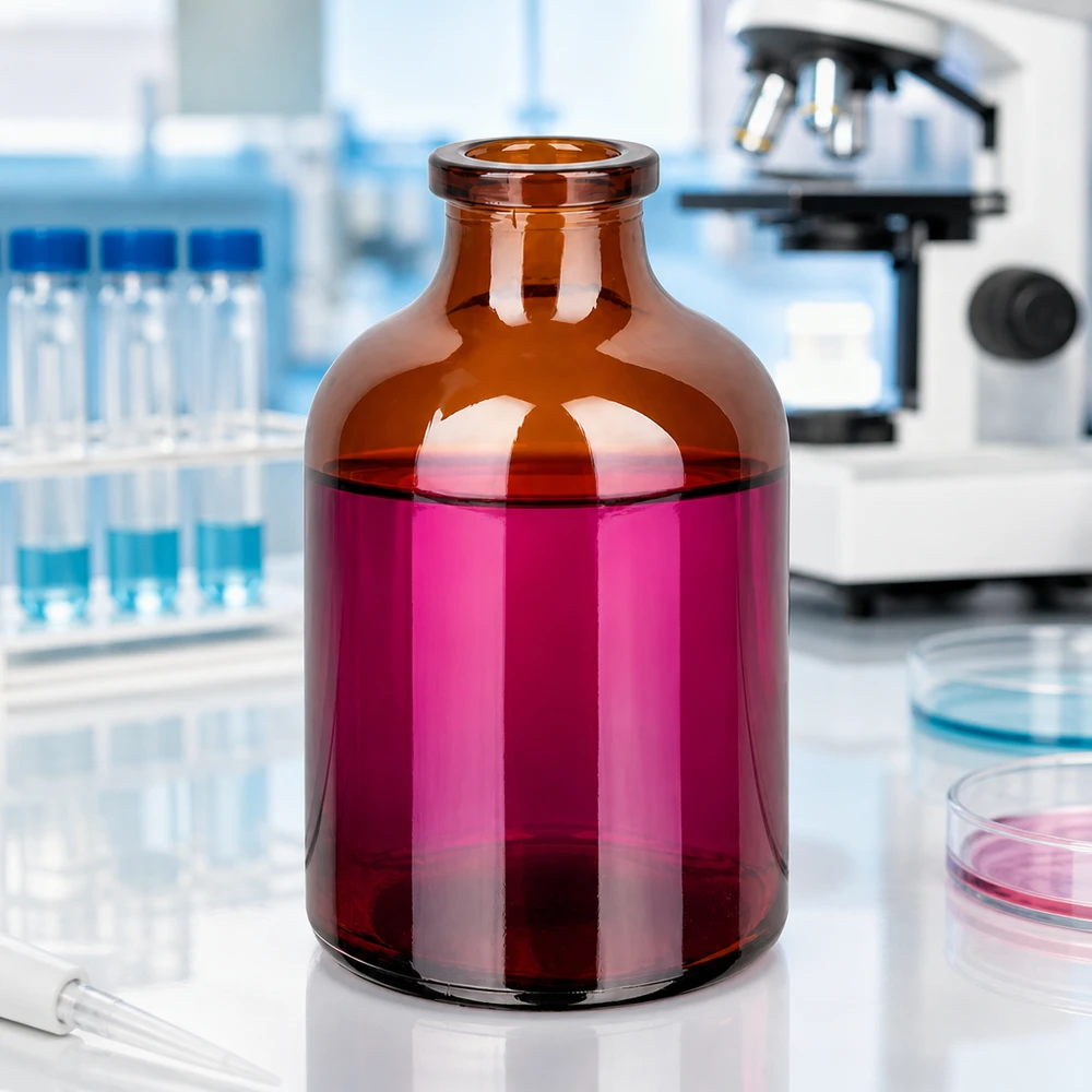 Injektionsflasche Braunglas 50ml Braunglas Injektionsflasche 50ml mit breitem Zylinderkörper und eingezogenem Hals im Labor