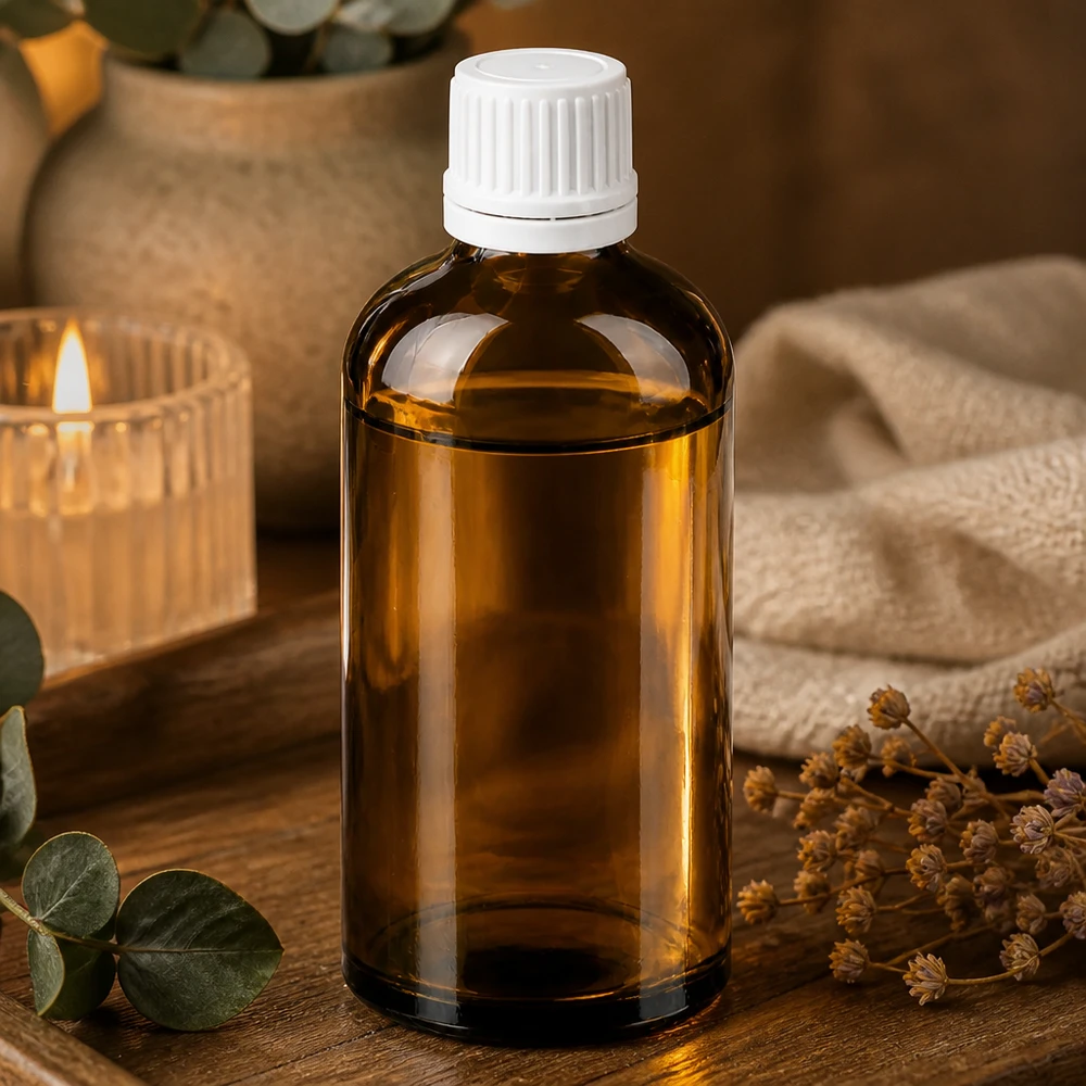 Pratica bottiglietta in vetro marrone da 100 ml con tappo a vite bianco e sicuro