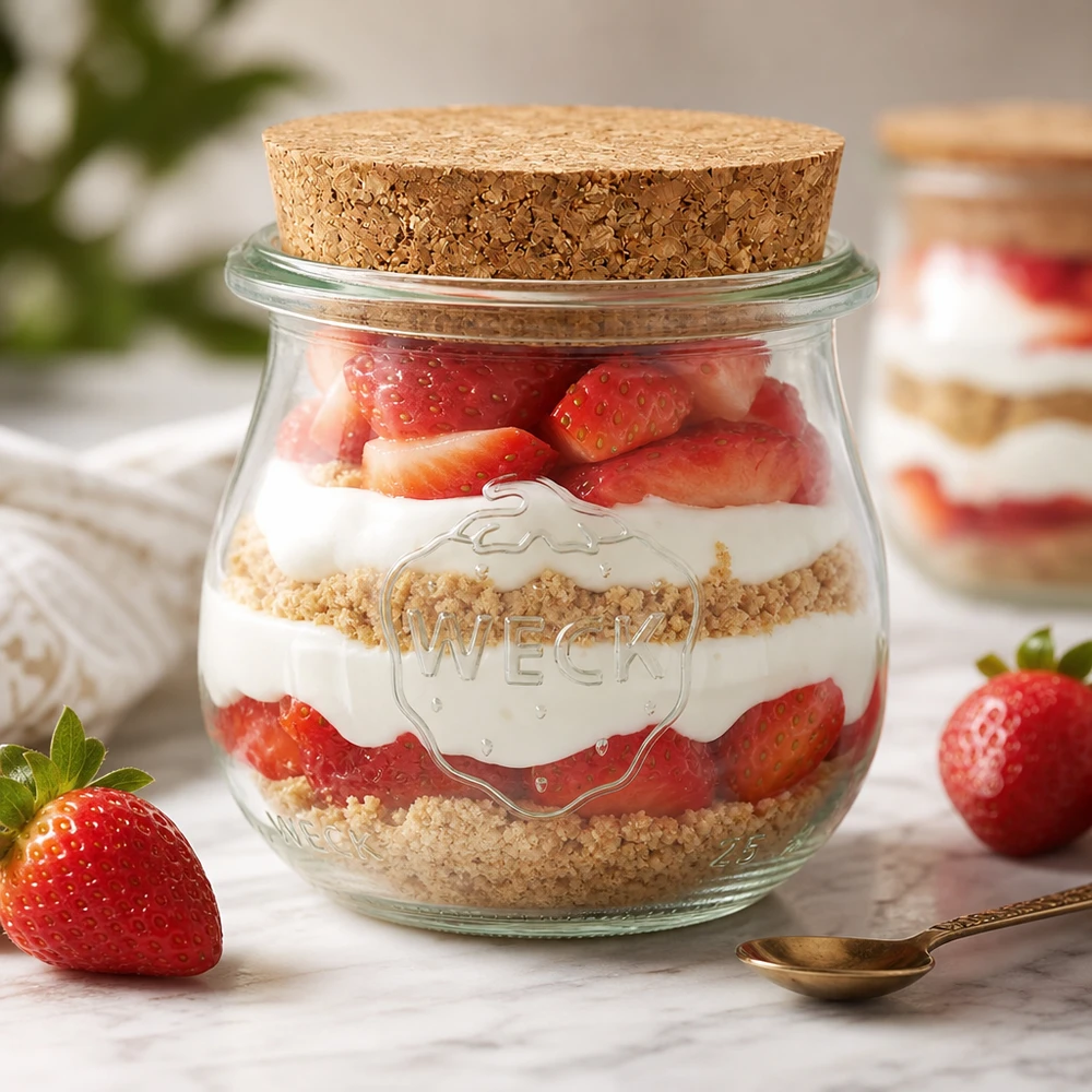 WECK barattolo tulipano 75ml RR40 come barattolo da dessert con fragole e panna a strati con coperchio in sughero dessert in barattolo