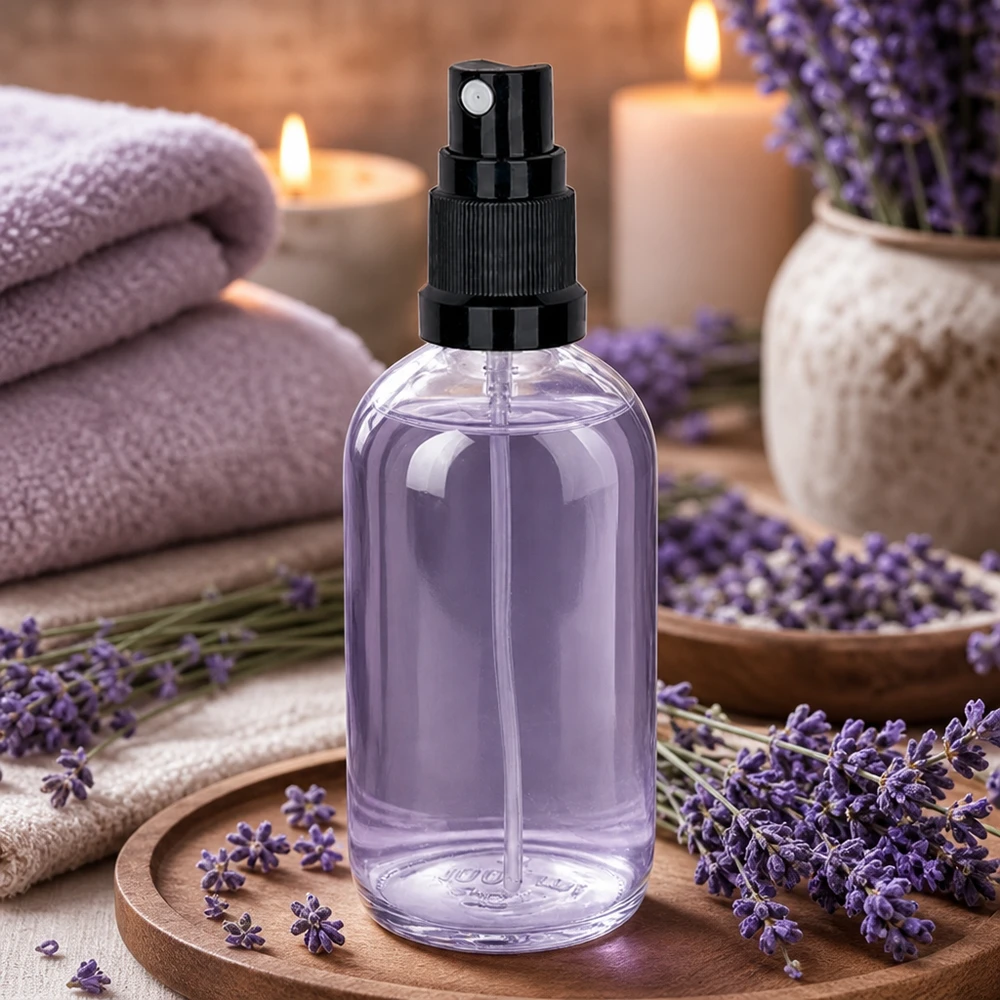Flacone spray da 100 ml nero STD ClearLine UT18/100 Spray aromatico alla lavanda in flacone di vetro ClearLine da 100 ml con atomizzatore nero su vassoio di legno