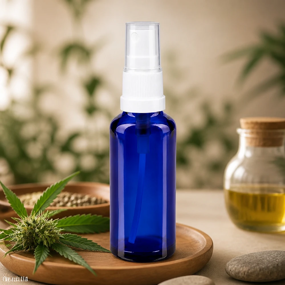 Blaue 30ml Pumpsprayflasche ApoGlas neben Hanfblättern Glasgefäß mit Korken und Steinen