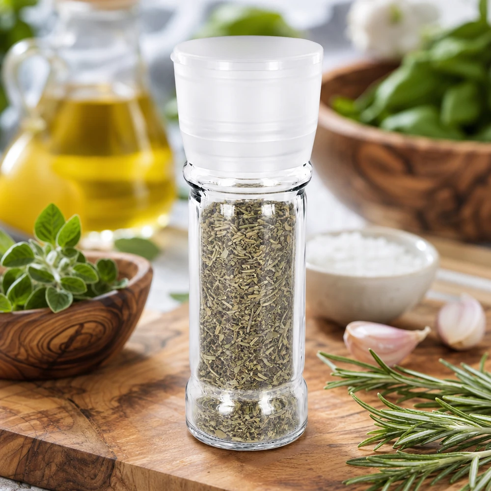 Pot à sel/épices 100 ml avec moulin Vario blanc Zylindrisches Gewürzglas 100ml mit Vario Mühle weiß gefüllt mit getrockneten Kräutermischungen