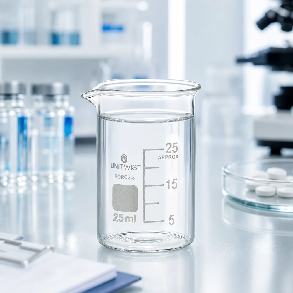 Bicchiere da 25 ml UNiTWIST di forma bassa, in borosilicato 3.3, accanto a un microscopio e a delle compresse in laboratorio