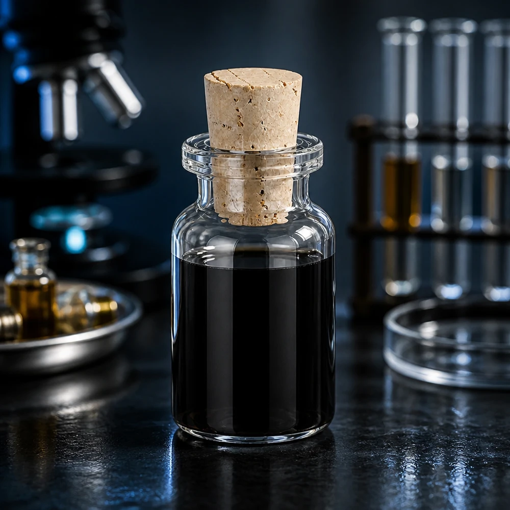 Flasche Klarglas 10ml mit Korken 11/14mm Versiegelte Klarglas-Flasche 10ml mit Korkstopfen 11/14mm neben Petrischale und Reagenzgläsern