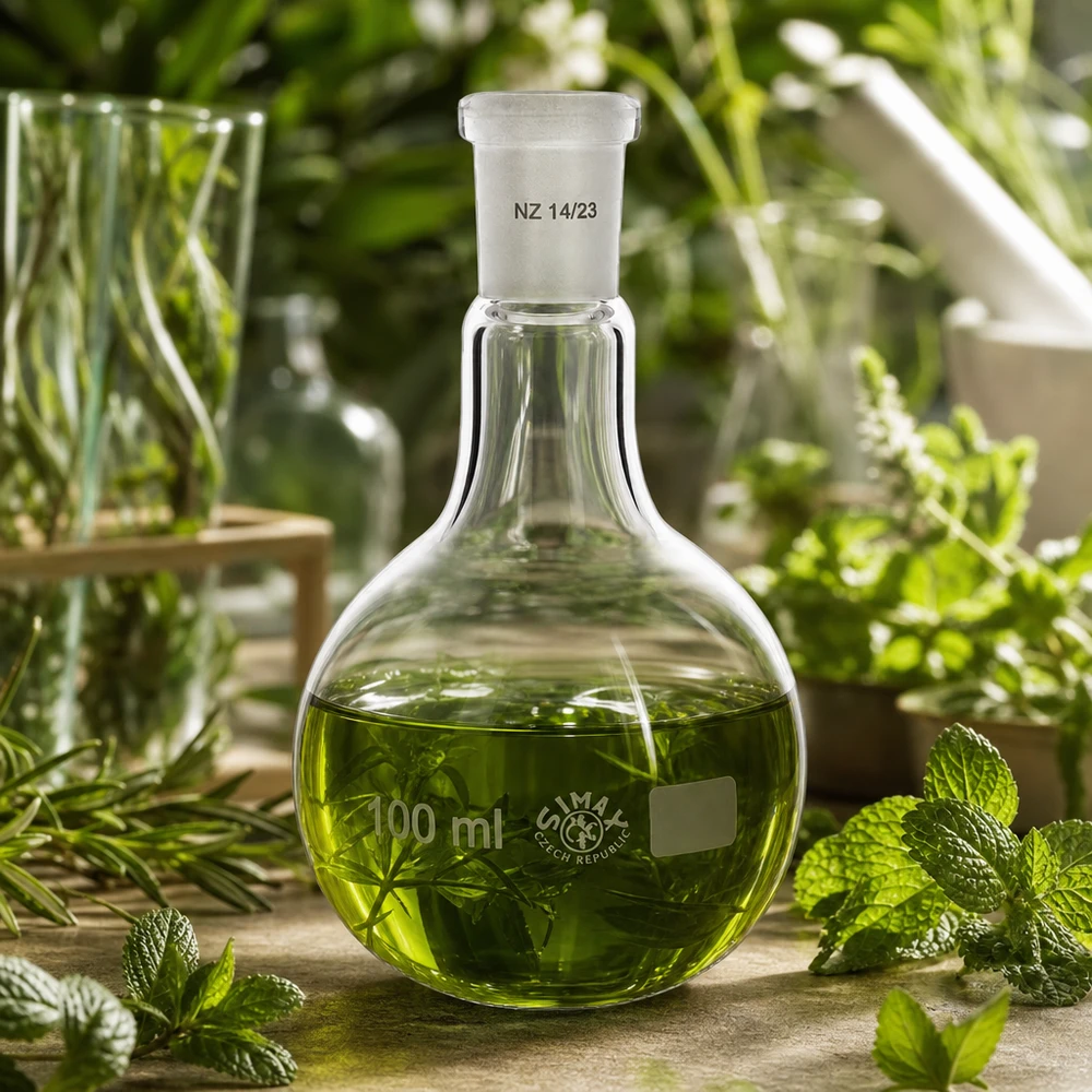 Matraccio da 100ml con giunto standard smerigliato (14/23) Matraccio standard in vetro smerigliato da 100 ml con estratti vegetali per la ricerca sui prodotti naturali