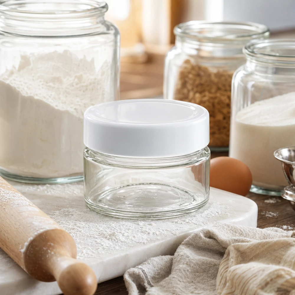 Barattolo rotondo da 80 ml con coperchio BasicSeal in cucina con ingredienti da forno - versatile contenitore in vetro per alimenti