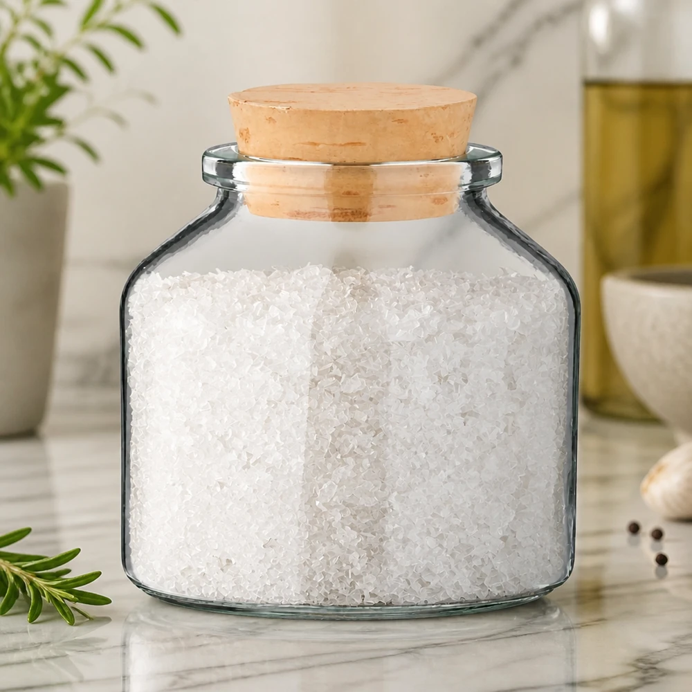 Idea barattolo per spezie: rotondo 100ml trasparente con tappo di sughero 22/26 Vaso di vetro rotondo e bombato da 100 ml, trasparente, con tappo in sughero naturale, riempito con sale marino bianco, decorazione da cucina