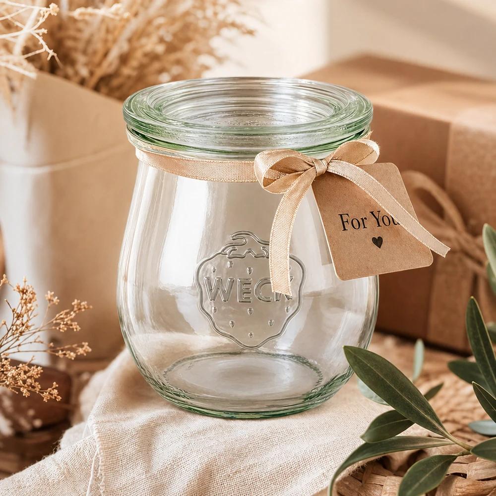 Bocal en forme de tulipe de 220 ml avec couvercle en verre WECK RR60 WECK Tulpenglas 220ml RR60 als Geschenk dekoriert mit beiger Schleife und For You Anhänger in natürlichem Ambiente