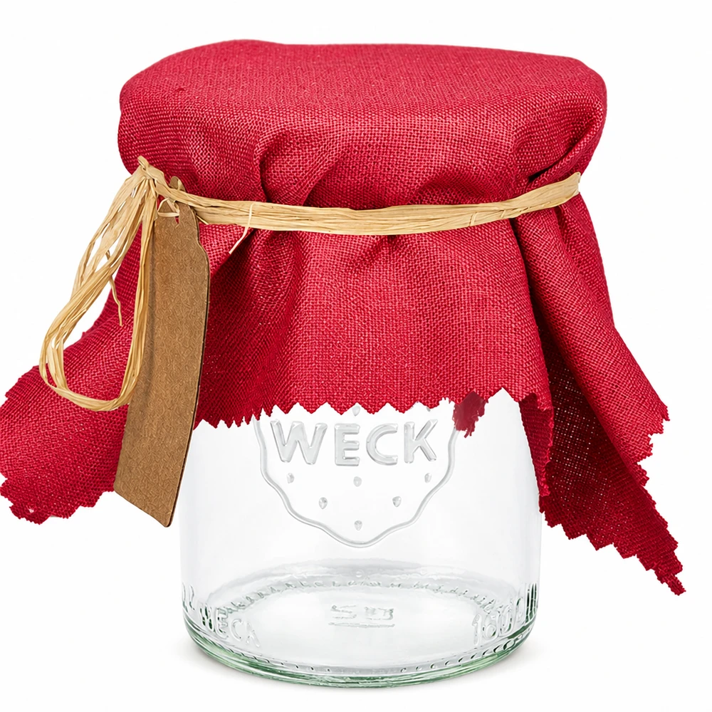 Coperchio decorativo rettangolare in tessuto rosso bordeaux di 15 cm su vaso da conserva WECK con anello di gomma ed etichetta in legno