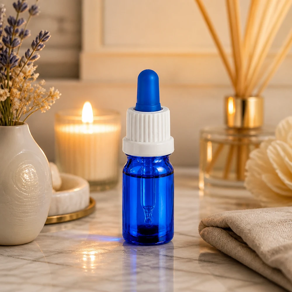 Flacone contagocce da 5 ml in blu con pipetta in gomma bianca per un dosaggio preciso del liquido.