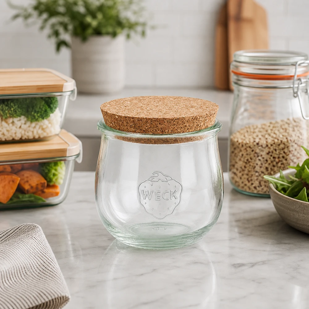 Barattolo WECK a tulipano 370ml RR80 con coperchio in sughero in una cucina moderna accanto a barattoli e contenitori per la preparazione dei pasti su marmo