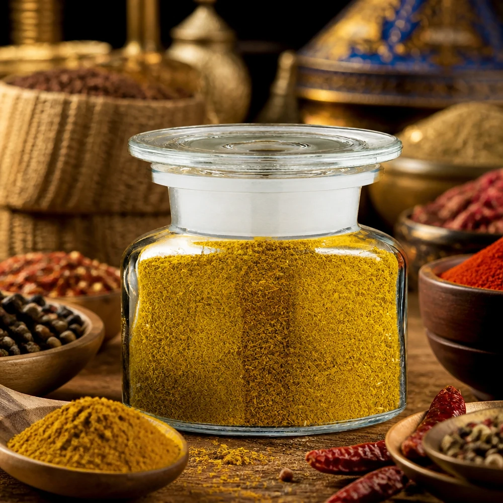 Barattolo compatto da farmacia da 100 ml a collo largo, con coperchio in vetro ermetico e riempito di curry