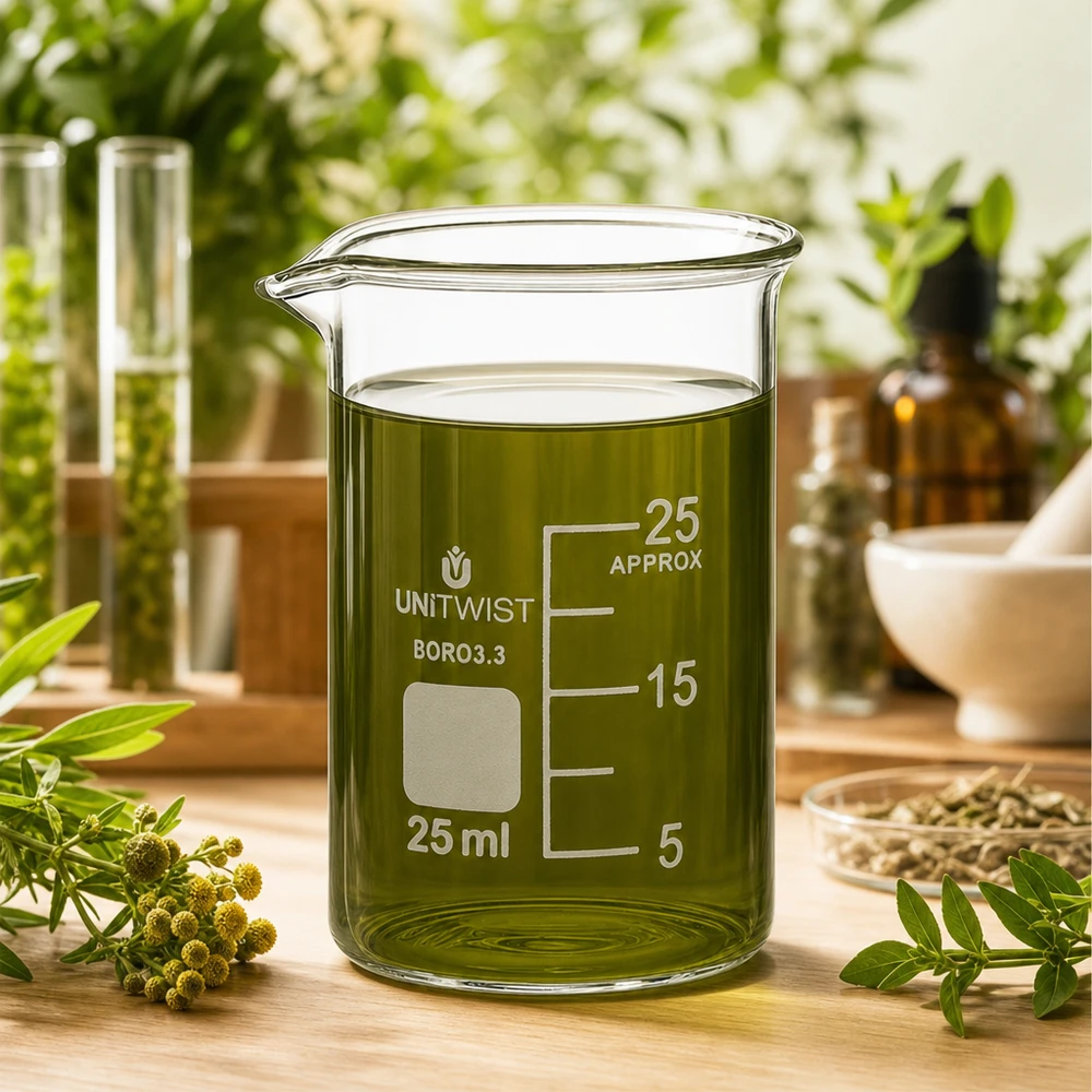 Bicchiere 25ml in borosilicato, a basso stampo UNiTWIST Bicchiere UNiTWIST da 25 ml con estratto di erbe verdi, circondato da piante medicinali fresche su una base di legno
