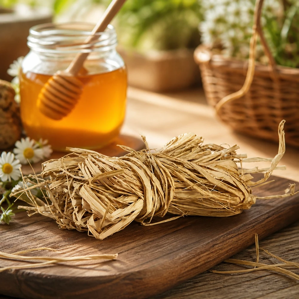 Fibra naturale per decorazioni, 30 g Raffia naturale 30g su tavola di legno con miele e fiori decorazione rustica per progetti di artigianato naturale e confezioni regalo