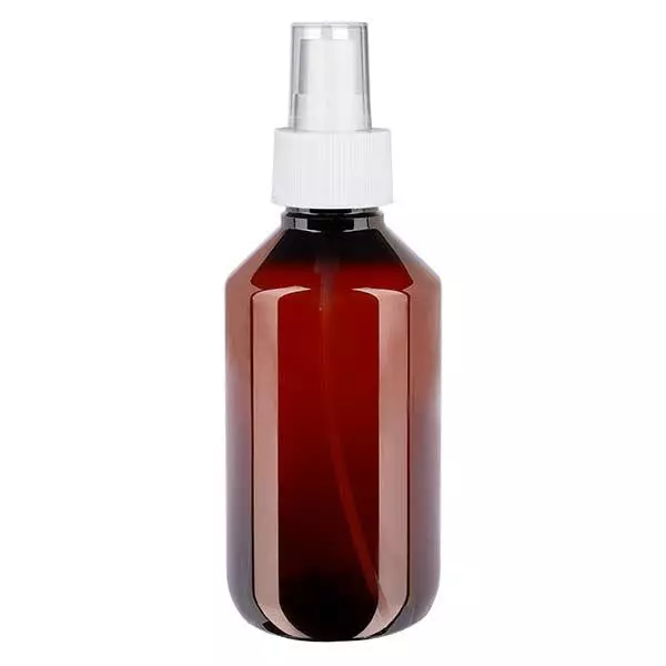 Flacon médical de 200 ml en PET, avec spray blanc GCMI 28/410 et capuchon transparent standard