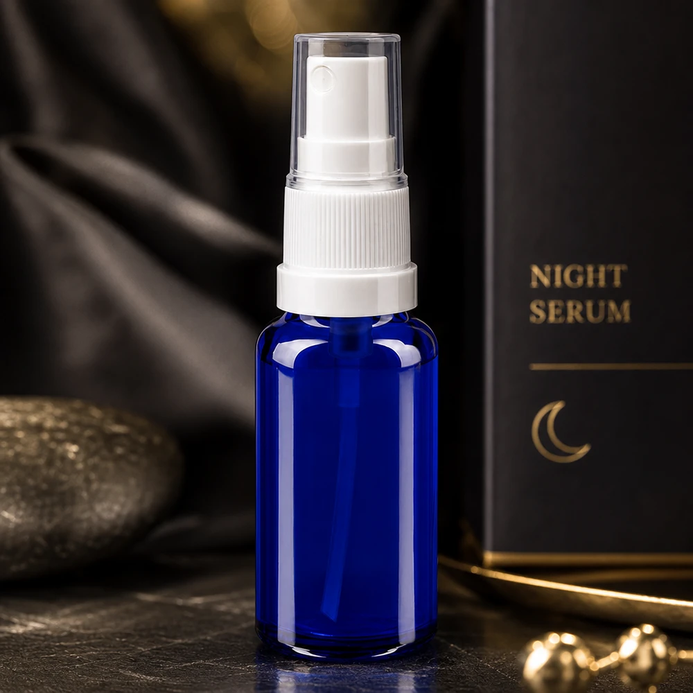Apothekenflasche blau 20ml Sprayaufsatz weiß Blaue lichtschutzende 20ml Glassprayflasche mit Pumpzerstäuber für empfindliche Wirkstoffe