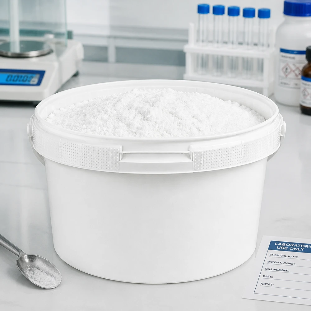 Runder PP-Kunststoffeimer 3,5L mit chemischem Pulver im professionellen Laborumfeld