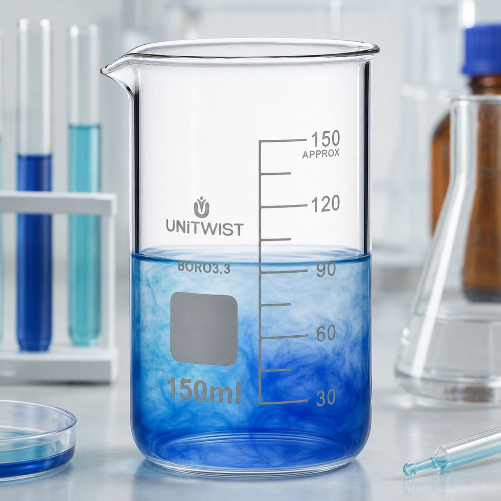 Bicchiere 150ml in borosilicato, forma alta UNITWIST UNITWIST Bicchiere da laboratorio in borosilicato da 150 ml, forma alta, con graduazione e soluzione blu