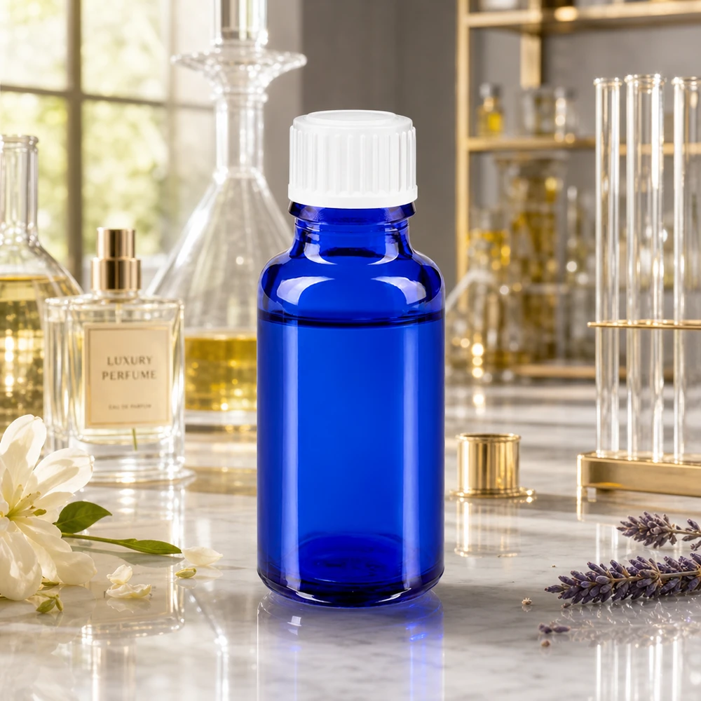 Apothekenflasche blau 20ml Schraubverschluss weiß Standard Blaue UV-Schutzflasche 20ml Glas mit weißem Standardverschluss neben Luxusparfüm