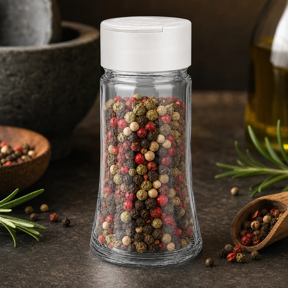 Pot à sel/épices 95 ml avec double saupoudreuse, blanc Küchenzubehör Gewürzstreuer 95ml Klarglas konische Form weißer Doppelstreuer mit Buntpfefferfüllung
