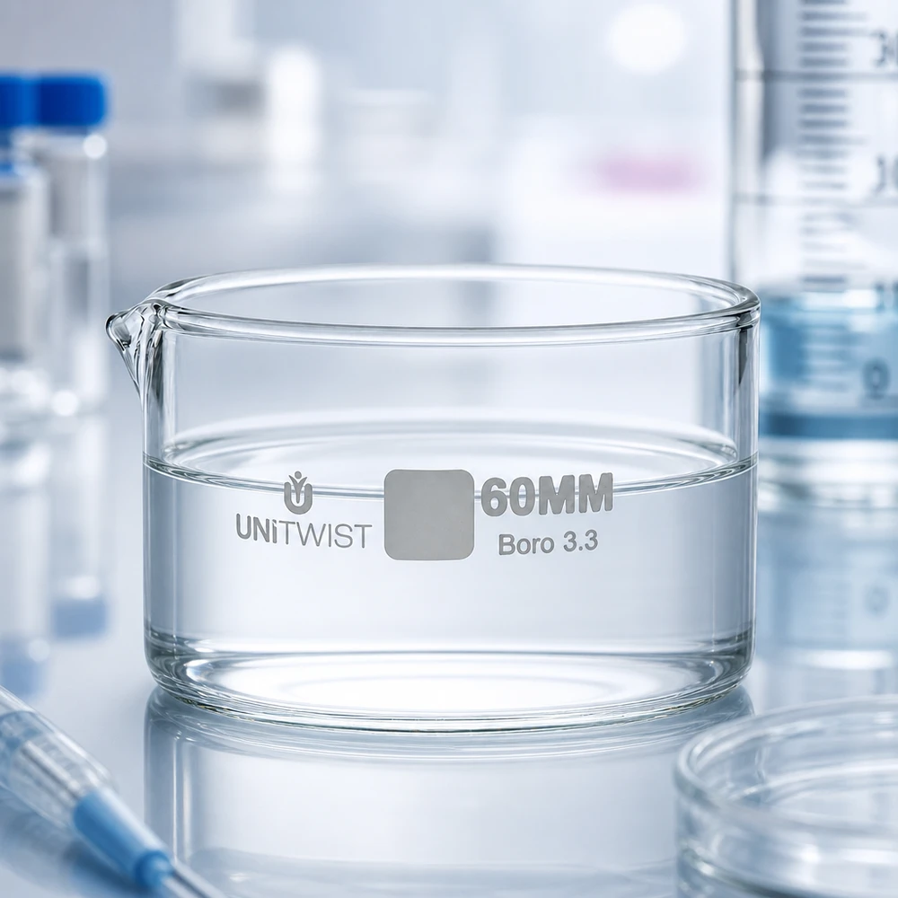 Cristallisoir ø60mm verre borosilicaté UNiTWIST Coupelle de cristallisation UNiTWIST de 60 mm, remplie d'eau claire, posée sur un plan de travail de laboratoire brillant