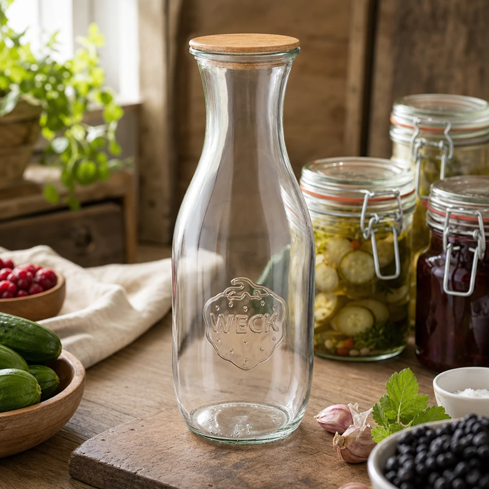 1062ml Saftflasche WECK RR60 mit Holzdeckel WECK 1062ml Saftflasche mit Holzdeckel in rustikaler Küche mit Einmachgläsern Gemüse und natürlicher Dekoration