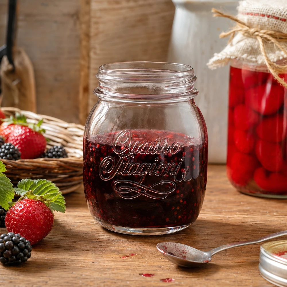 Barattolo casalingo Quattro Stagioni da 700 ml pieno di marmellata di frutti di bosco su un tavolo di legno con fragole e more fresche