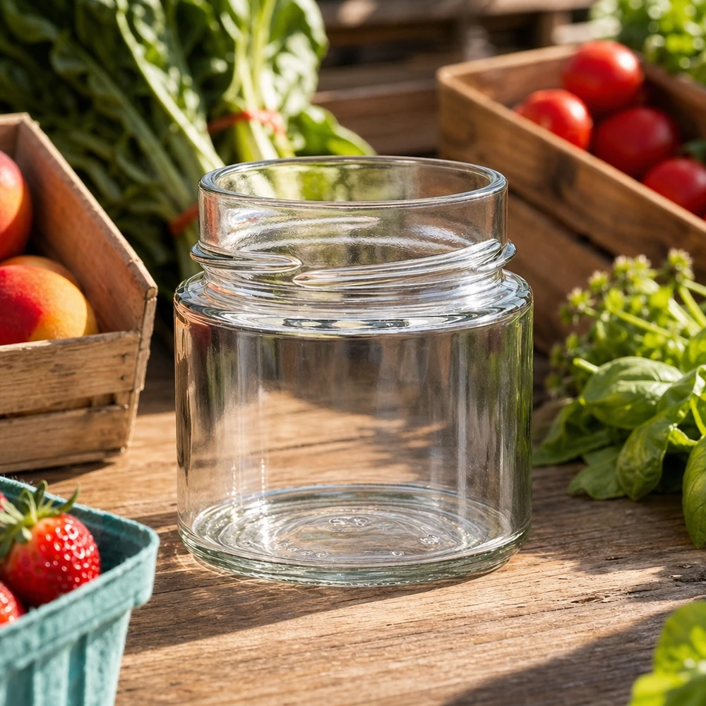 UNiTWIST Runda135 barattolo rotondo 135ml TO58deep barattolo per conserve su tavolo di legno con frutta e verdura fresca